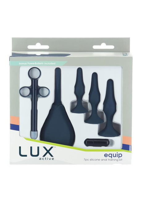 LUX Active Equip Anal Explorer Kit Blue featuring 7 silicone training accessories for comfortable anal play.