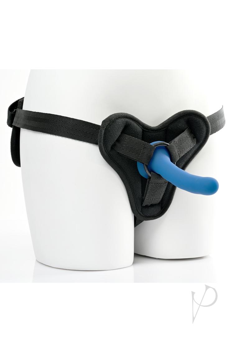 New Comers Strap On Set Special Edition Black with adjustable harness and slender blue dildo displayed.