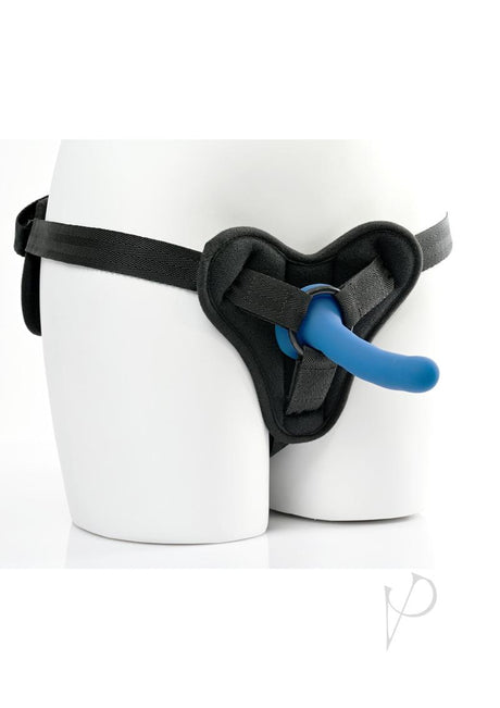 New Comers Strap On Set Special Edition Black with adjustable harness and slender blue dildo displayed.