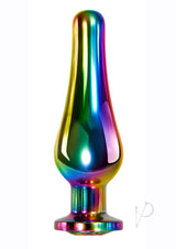 Evolved Rainbow Metal Anal Plug Medium Gem with a slick rainbow finish and tapered tip for smooth entry.