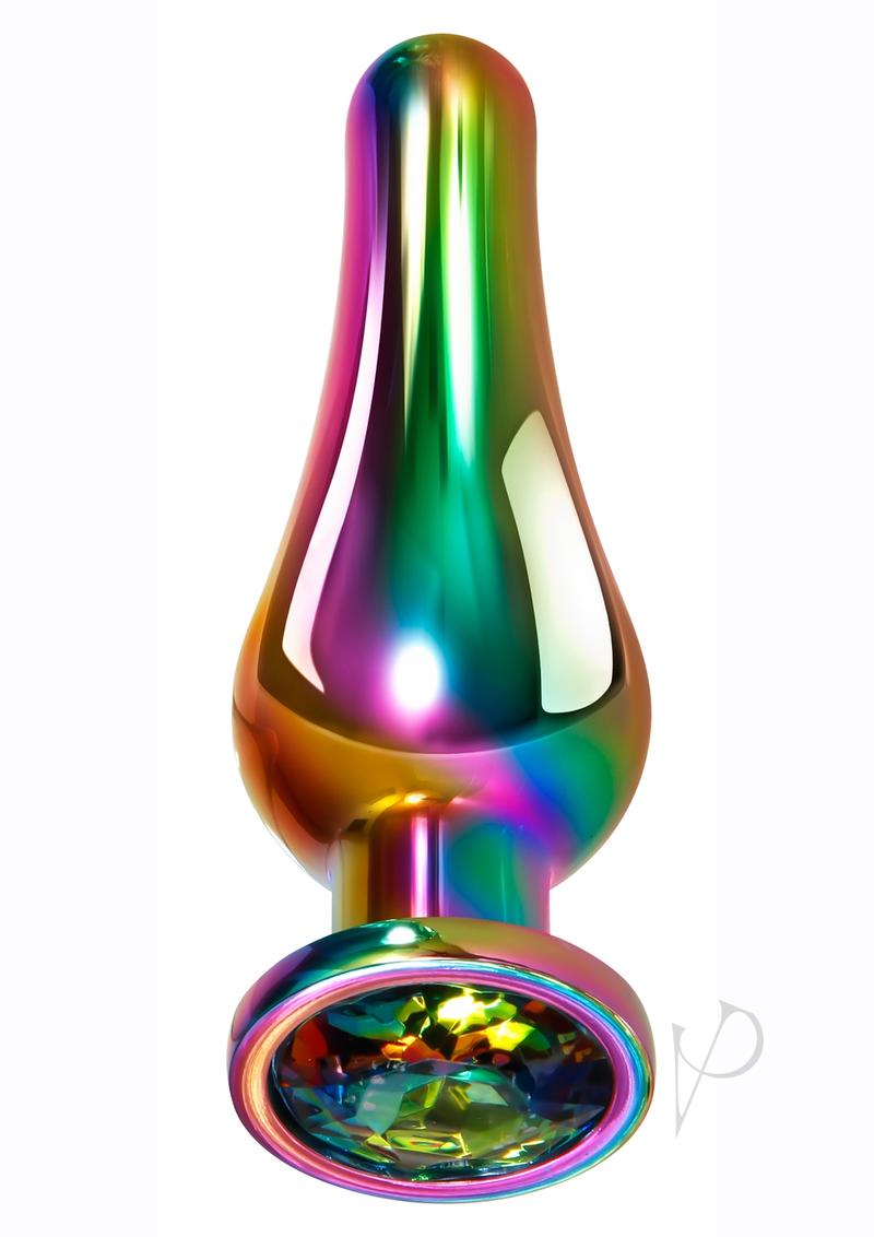 Evolved Rainbow Metal Anal Plug Medium Gem featuring a dazzling rainbow finish and gem at the base.