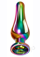 Evolved Rainbow Metal Anal Plug Medium Gem featuring a dazzling rainbow finish and gem at the base.