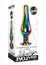 Evolved Rainbow Metal Anal Plug Large with colorful finish and sparkling gem, designed for advanced pleasure seekers.