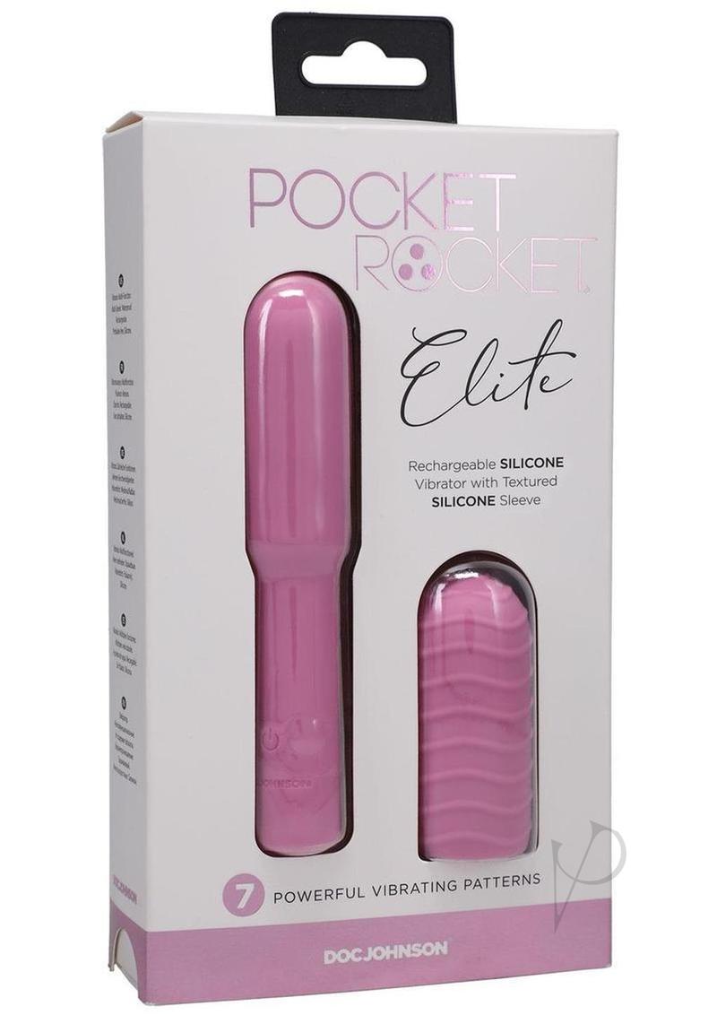 Pocket Rocket Elite Mini Vibrator Removable Sleeve Pink packaging featuring silicone vibrator and textured sleeve.