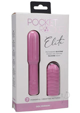 Pocket Rocket Elite Mini Vibrator Removable Sleeve Pink packaging featuring silicone vibrator and textured sleeve.