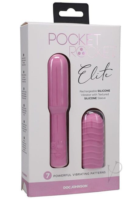 Pocket Rocket Elite Mini Vibrator Removable Sleeve Pink packaging featuring silicone vibrator and textured sleeve.
