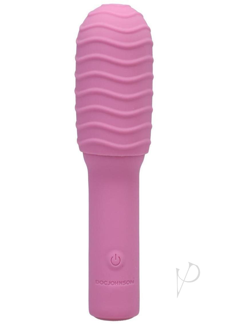 Pocket Rocket Elite Mini Vibrator Removable Sleeve Pink in smooth pink silicone with wave texture design.