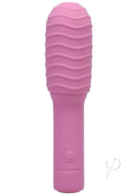 Pocket Rocket Elite Mini Vibrator Removable Sleeve Pink in smooth pink silicone with wave texture design.