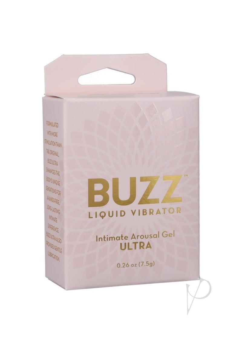 Buzz Ultra Liquid Vibrator Intimate Arousal Gel packaging with gold accents and soothing formula details.