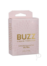 Buzz Ultra Liquid Vibrator Intimate Arousal Gel packaging with gold accents and soothing formula details.