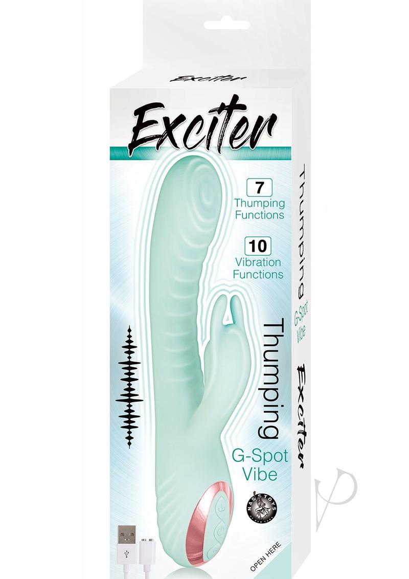 Exciter Thumping G-Spot Rechargeable Rabbit Vibrator Aqua packaging with thumping and vibration functions.