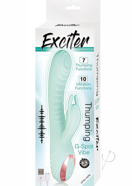 Exciter Thumping G-Spot Rechargeable Rabbit Vibrator Aqua packaging with thumping and vibration functions.