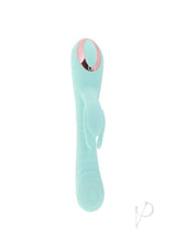 Exciter Thumping G-Spot Rechargeable Rabbit Vibrator Aqua in aqua tone with dual stimulation features.