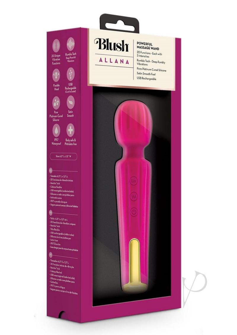 Blush Allana Silicone Wand Vibrator Magenta Rose Gold packaging with features and functions displayed.
