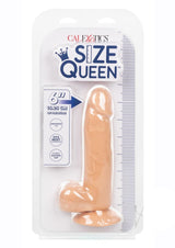 Size Queen Realistic Dildo 6 inches Vanilla in packaging with measurement details for pleasure seekers.