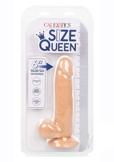 Size Queen Realistic Dildo 6 inches Vanilla in packaging with measurement details for pleasure seekers.