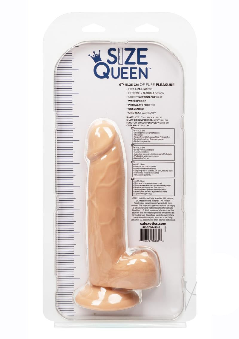 Size Queen Realistic Dildo 6 inches Vanilla in packaging, showcasing its life-like design and suction cup base.