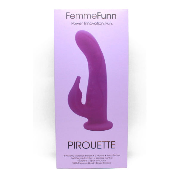 Femmefunn Pirouette Rabbit Vibrator Purple in elegant packaging showcasing its design and features.