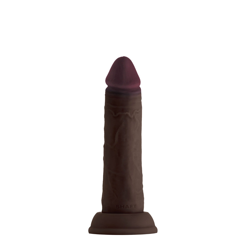 Shaft Model J 6.5 inch Liquid Silicone Dong Mahogany showing hyper-realistic design and silicone texture.