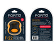 Forto F-22 D Ring Liquid Silicone Cock Ring Black packaging showing size, material, and usage instructions.