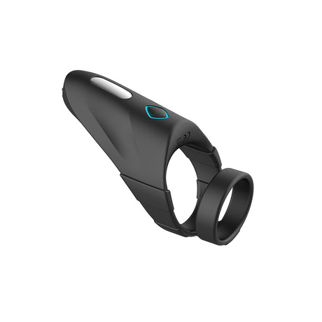 Forto F-48 Vibrating Perineum Double Cock Ring Black showcasing dual-loop design and vibration control buttons.