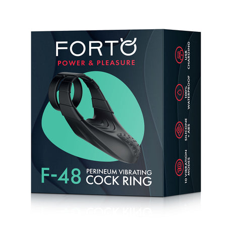 Forto F-48 Vibrating Perineum Double Cock Ring Black packaging showcasing dual-loop design and features.