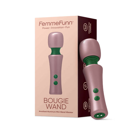 Femmefunn Bougie Wand Massager Rose Gold with packaging and sleek design showcased