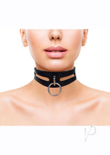 Rouge Leather Fashion Bondage Collar with O-Ring Black displayed on a model's neck, highlighting its sleek design.