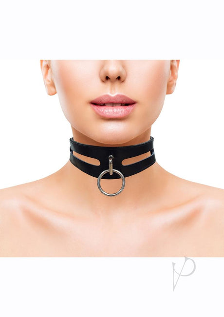 Rouge Leather Fashion Bondage Collar with O-Ring Black displayed on a model's neck, highlighting its sleek design.