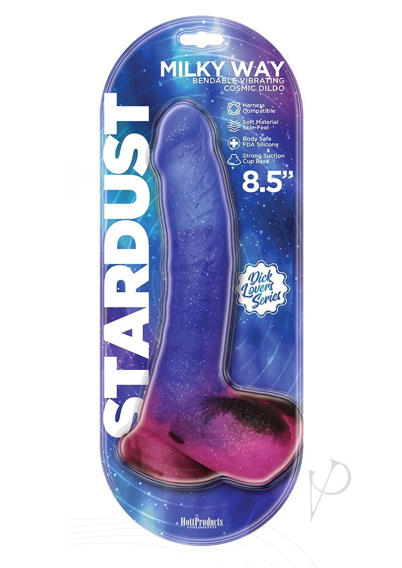 Stardust Milky Way Silicone Dildo 8.5 inch Multicolor packaging displaying swirl design and suction base.