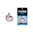 Wood Rocket Middle Finger Enamel Pin Peach displayed with packaging, cheeky novelty accessory.