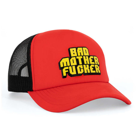 Bad Mother Fucker Hat in red with bold graphic, adjustable snapback design for a trendy look.