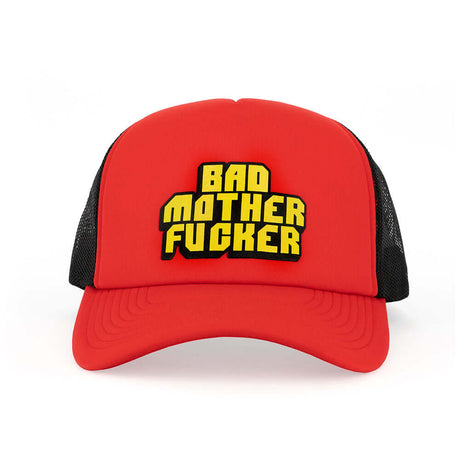 Bad Mother Fucker Hat featuring bold foam-printed graphic on a red adjustable snapback cap.