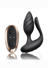 Cocktail Couples Vibrator with Remote Black Rose Gold next to its remote control, showcasing a sleek design.