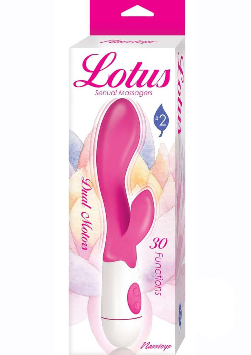 Lotus Sensual Massager No 2 Silicone Rabbit Vibrator Pink packaging showcasing dual motors and 30 functions.