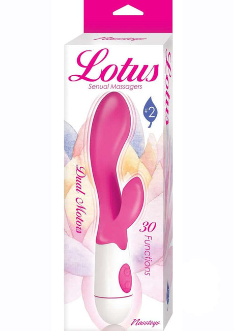 Lotus Sensual Massager No 2 Silicone Rabbit Vibrator Pink packaging showcasing dual motors and 30 functions.