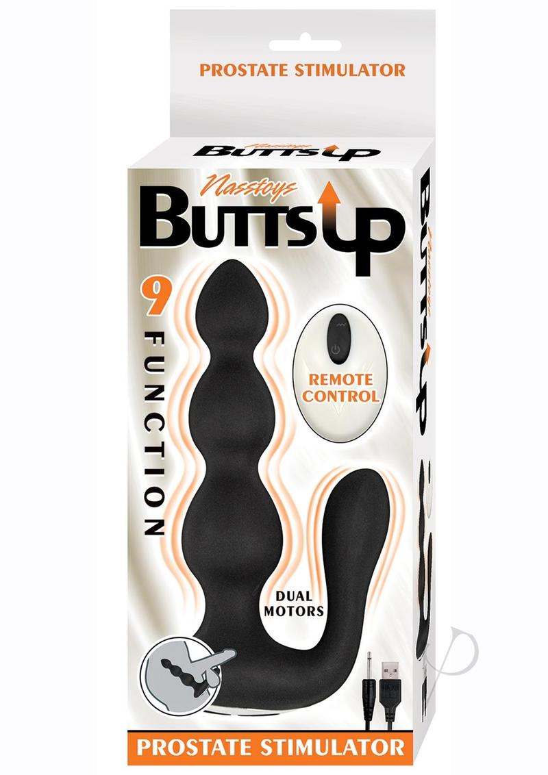 Butts Up Prostate Stimulator with Remote Control Black packaging featuring dual motors and 9 functions.