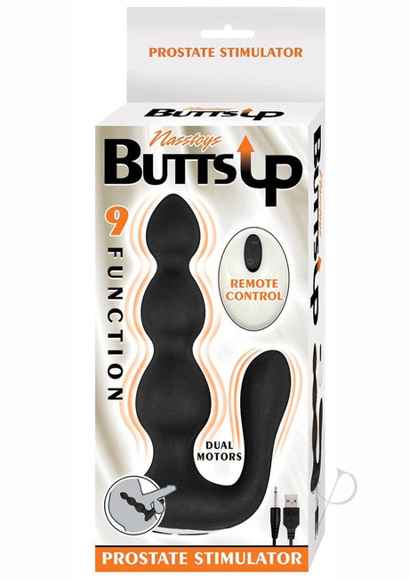 Butts Up Prostate Stimulator with Remote Control Black packaging featuring dual motors and 9 functions.