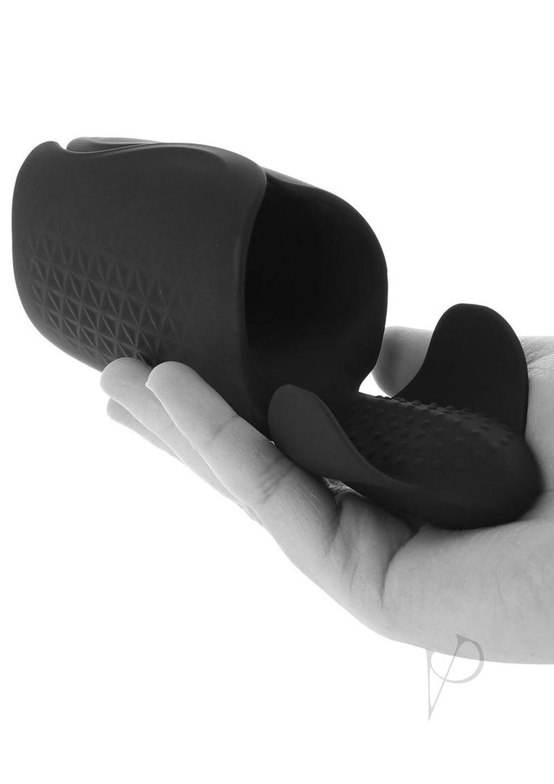 Hero Ultimate Rechargeable Silicone Masturbator Black held in a hand, showcasing its ergonomic design and soft silicone.