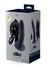 VeDO Diki Silicone Vibrating Dildo Harness Black packaging with remote control and adjustable harness