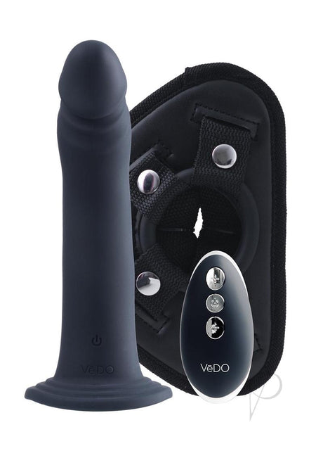 VeDO Diki Silicone Vibrating Dildo Harness Black with remote and adjustable harness for enhanced pleasure.