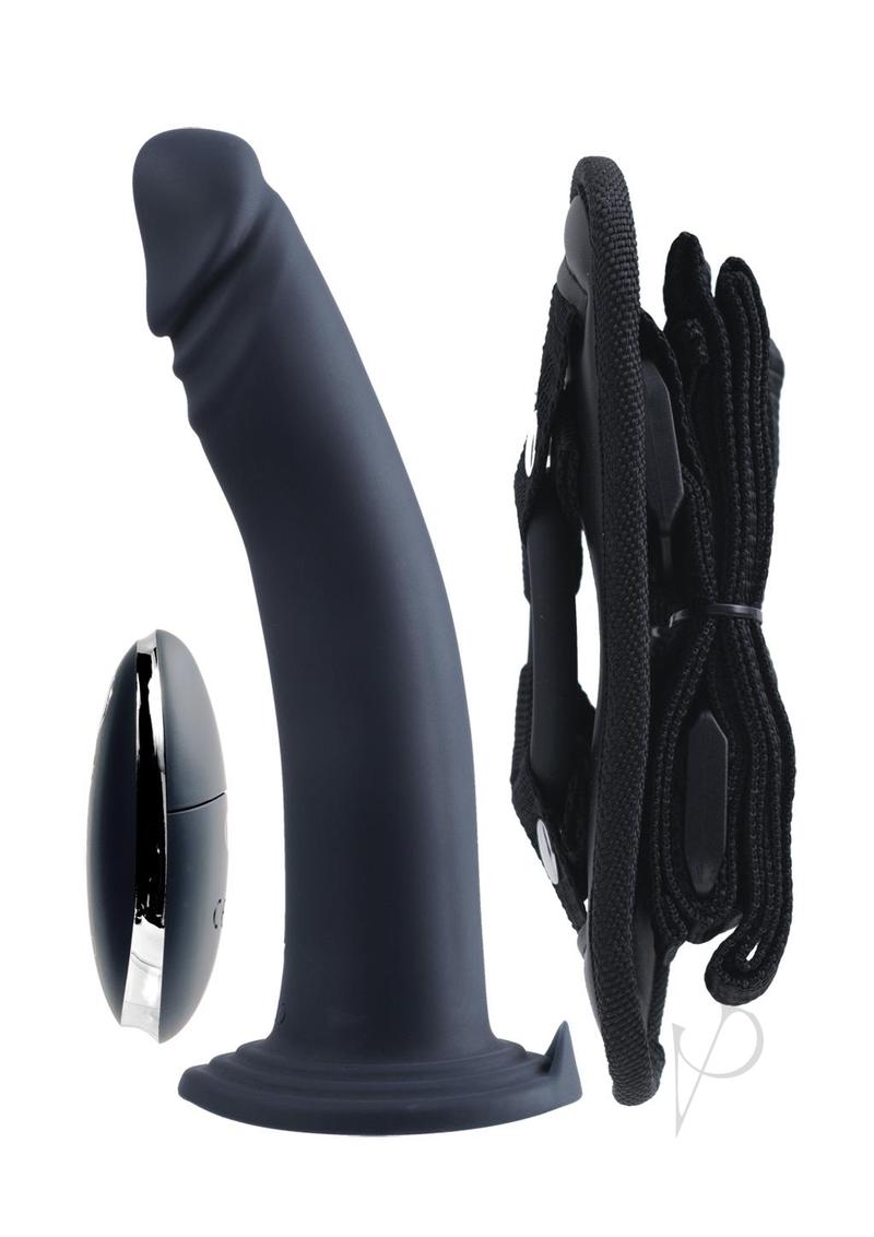 VeDO Diki Silicone Vibrating Dildo Harness Black with remote and adjustable harness.