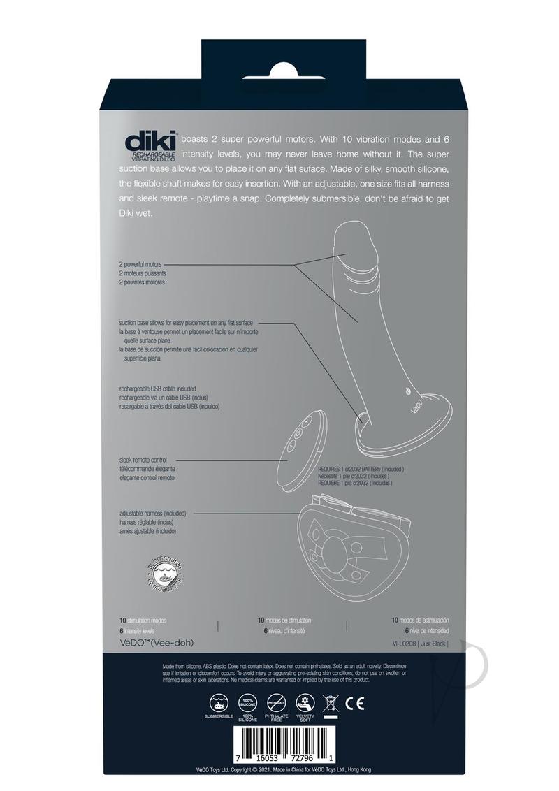VeDO Diki Silicone Vibrating Dildo Harness Black packaging with features and specifications listed.