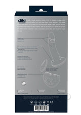 VeDO Diki Silicone Vibrating Dildo Harness Black packaging with features and specifications listed.