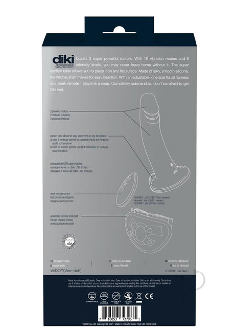 VeDO Diki Silicone Vibrating Dildo Harness Black packaging with features and specifications listed.