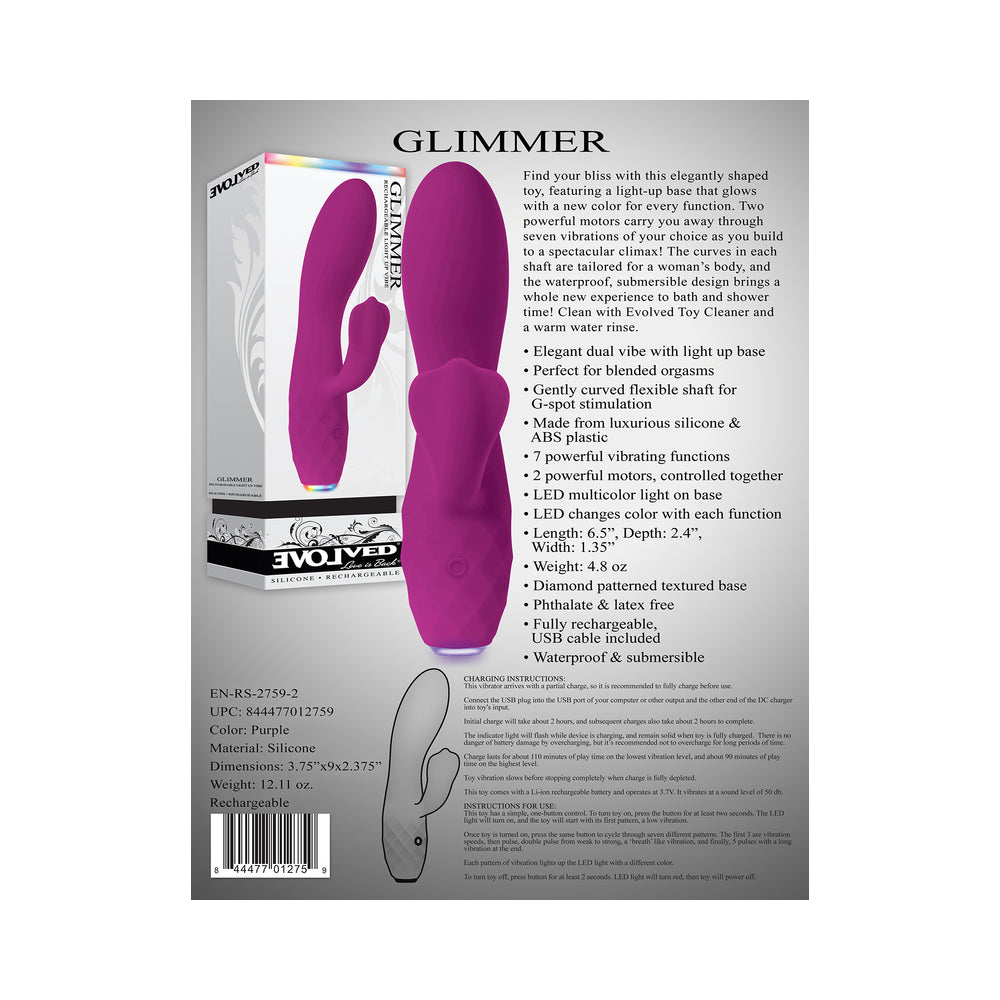 Evolved Glimmer Light-Up Rechargeable Silicone Dual Stimulator Purple