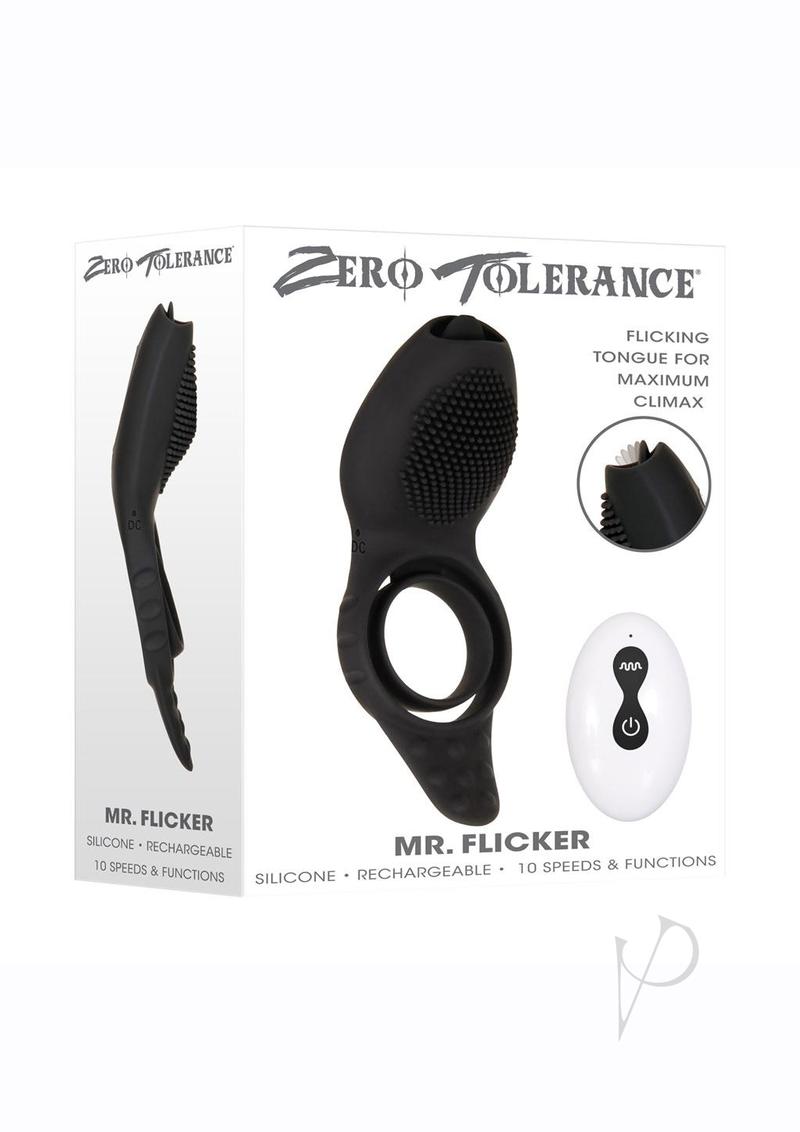 Mr Flicker Rechargeable Silicone Cock Ring Black packaging showcasing dual-ring design and remote control features.