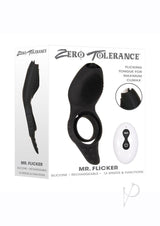 Mr Flicker Rechargeable Silicone Cock Ring Black packaging showcasing dual-ring design and remote control features.