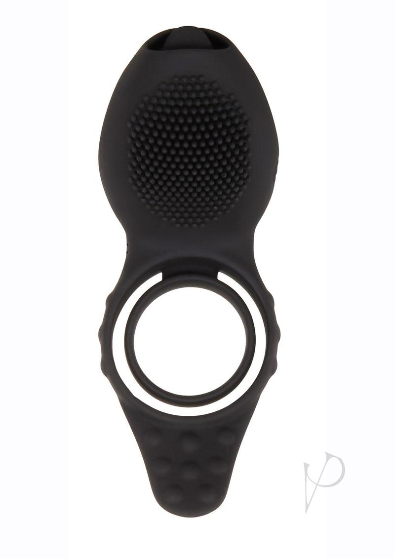 Mr Flicker Rechargeable Silicone Cock Ring Black, featuring textured nubs for enhanced couple's stimulation.