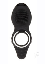 Mr Flicker Rechargeable Silicone Cock Ring Black, featuring textured nubs for enhanced couple's stimulation.